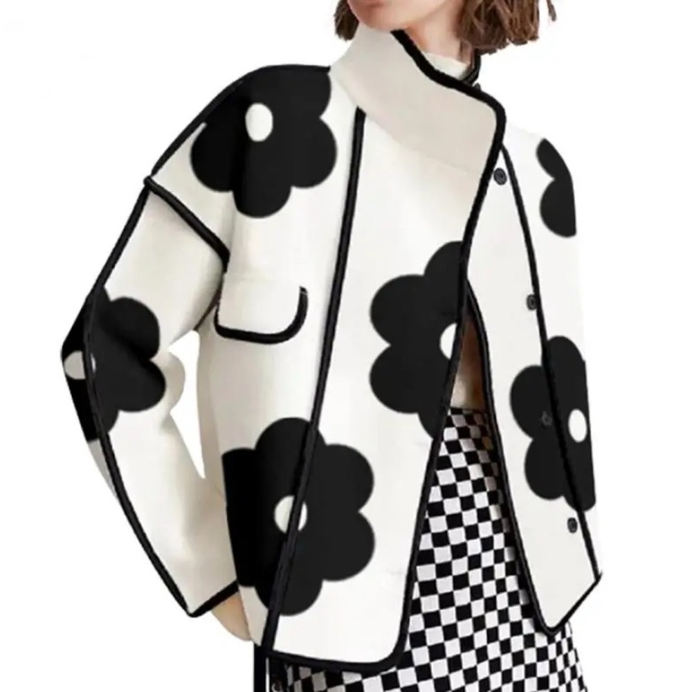 Lena Vie Black Daisy White Pull On Open Front Blazer Coat - Picture 2 of 11